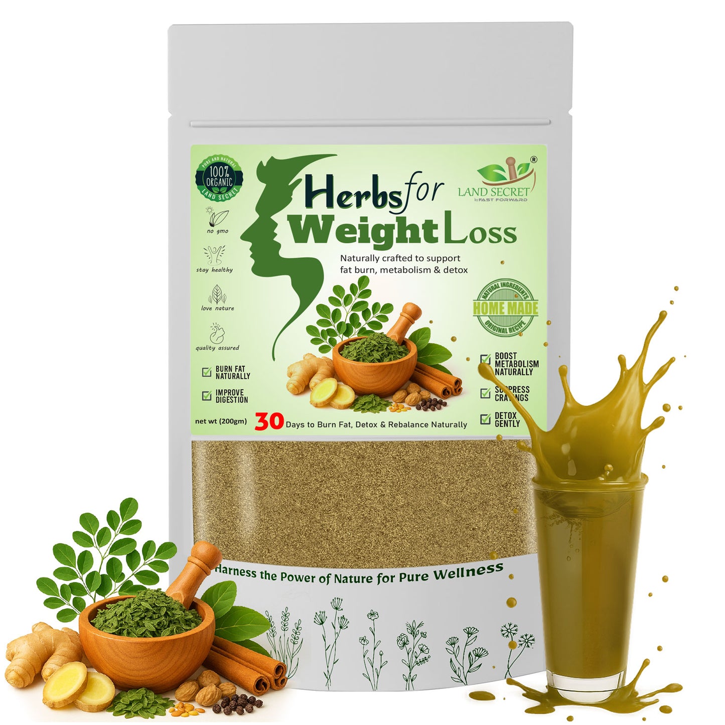 Land Secret 30-Day Herbal Powder Blend for Weight Management – 100% Natural Detox & Metabolism Support | With Ginger, Green Tea, Triphala, Cinnamon, Moringa, Fenugreek & Black Pepper