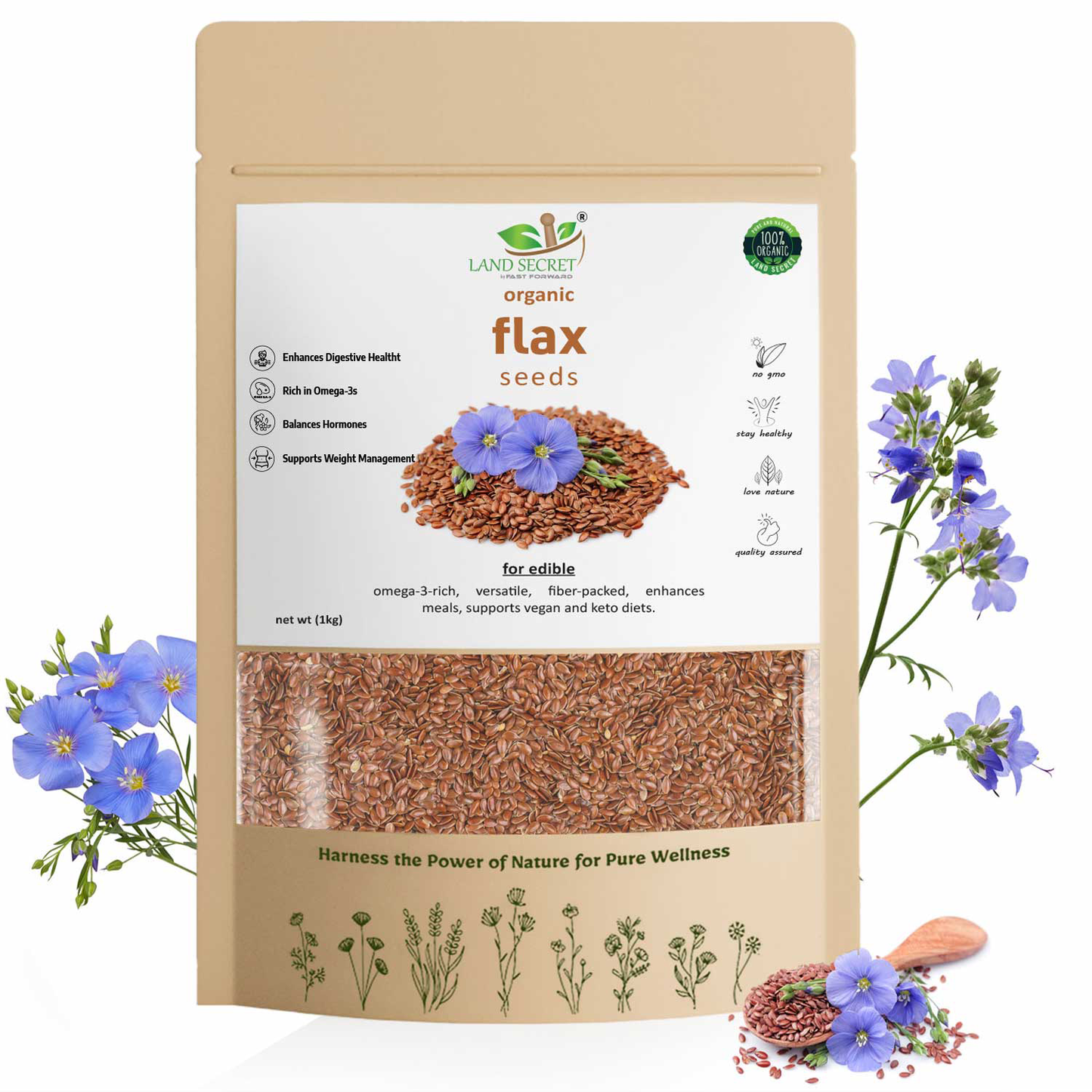 Premium Flax Seeds – Rich in Omega-3 Fatty Acids, Dietary Fiber, Protein, Antioxidants & Essential Nutrients for Heart Health, Digestion & Wellness