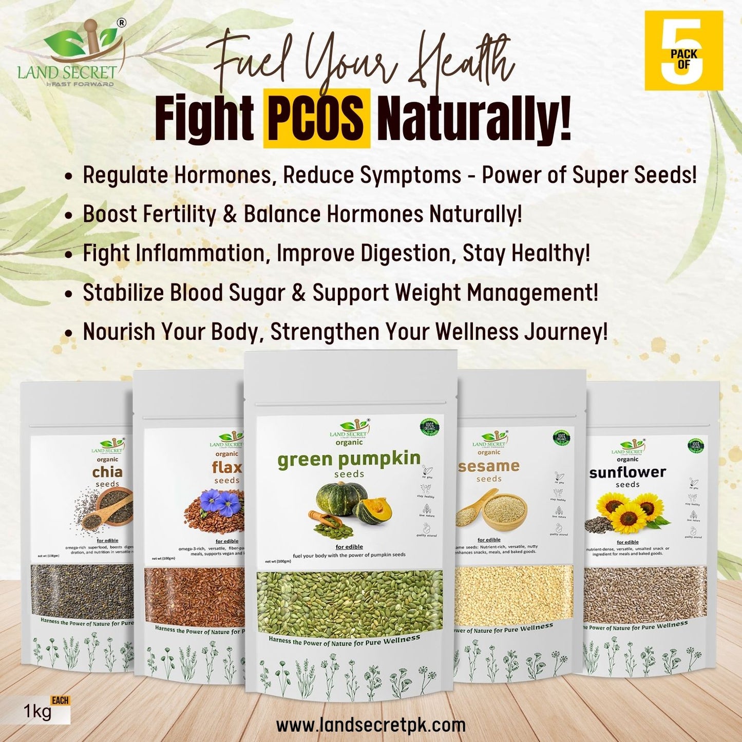 Super Seeds Power Pack (Set of 5 Bundle) – Premium Sesame, Sunflower, Chia, Flax & Pumpkin Seeds | Nutrient-Rich Superfoods for Everyday Health