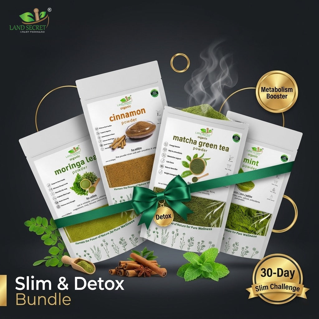 Land Secret Slim & Detox Bundle – Natural Weight Management & Bloating Support Herbal Mix | Green Tea, Cinnamon, Mint & Moringa Powder