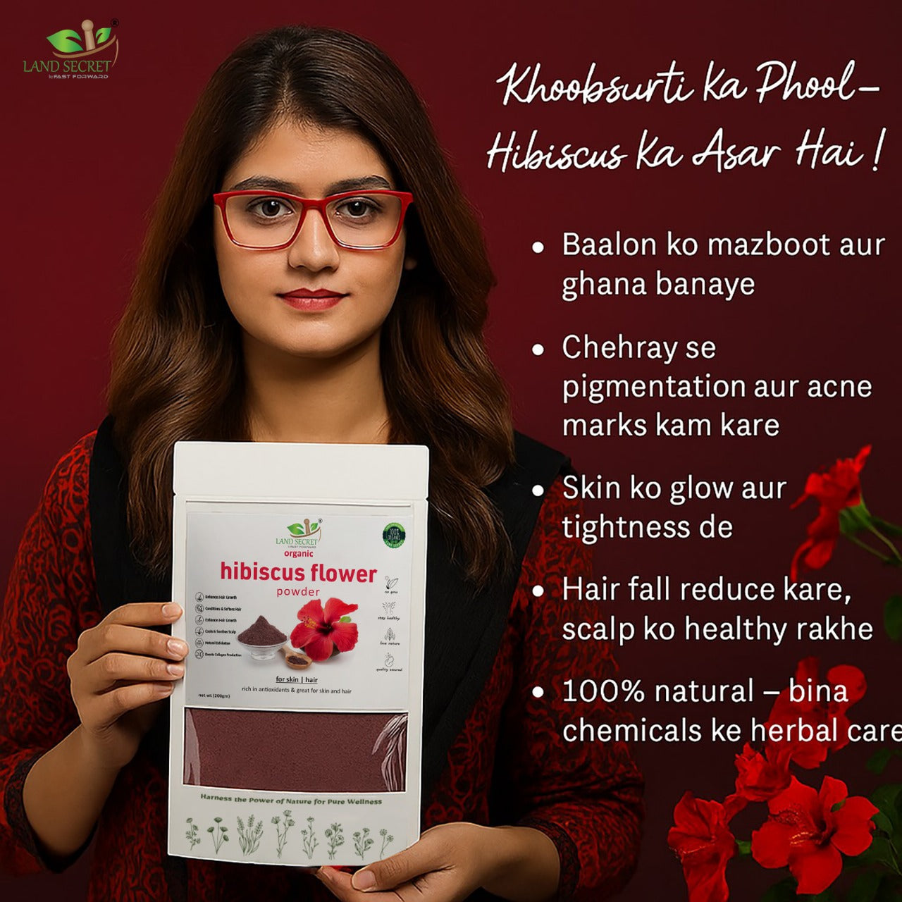 Hibiscus Powder – 100% Natural Herbal Flower Powder for Hair Care, Skin Glow & DIY Beauty Masks | Pure, Chemical-Free & Premium Quality