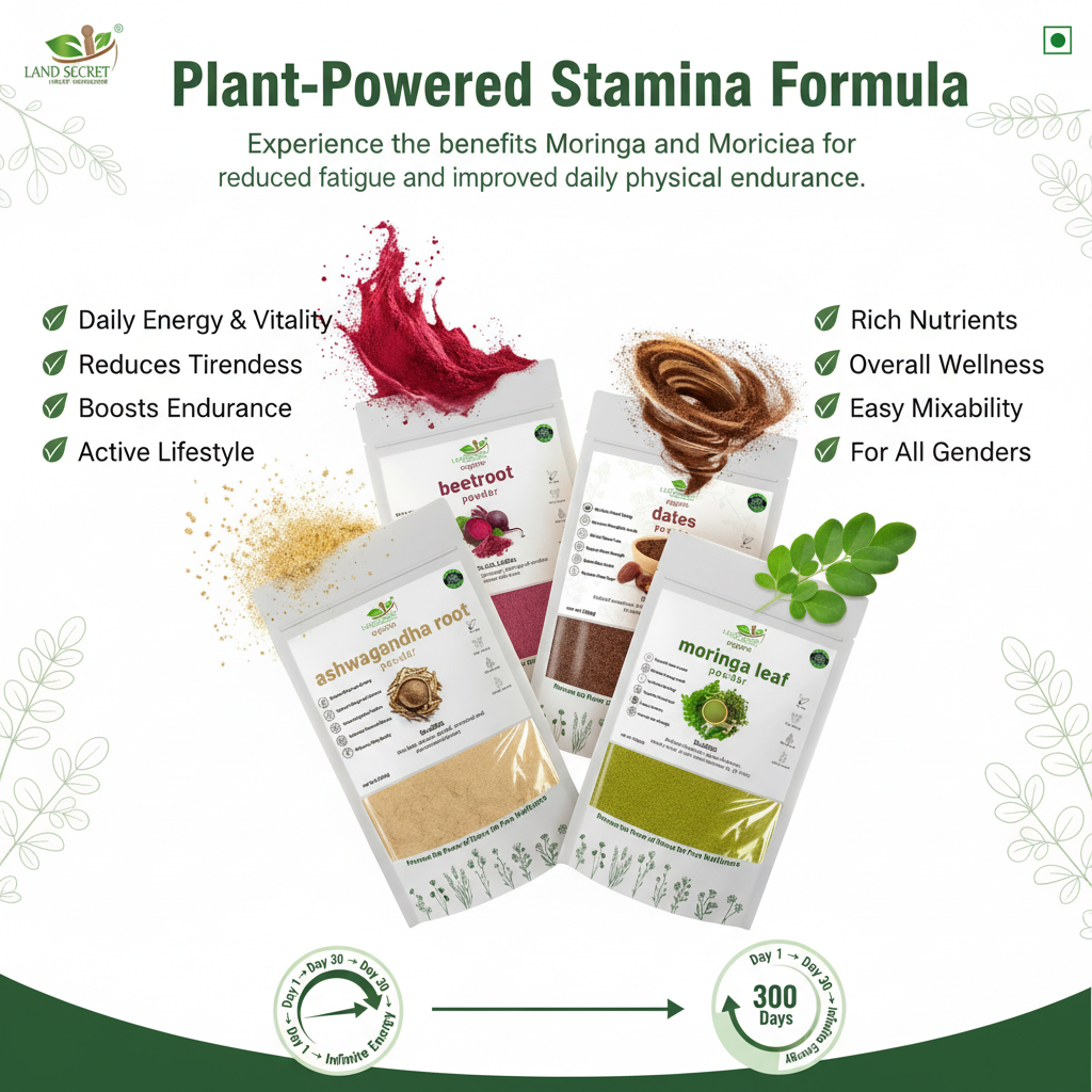 Land Secret Energy & Stamina Bundle – Daily Energy, Vitality & Performance Support | Ashwagandha, Beetroot, Dates & Moringa Powder