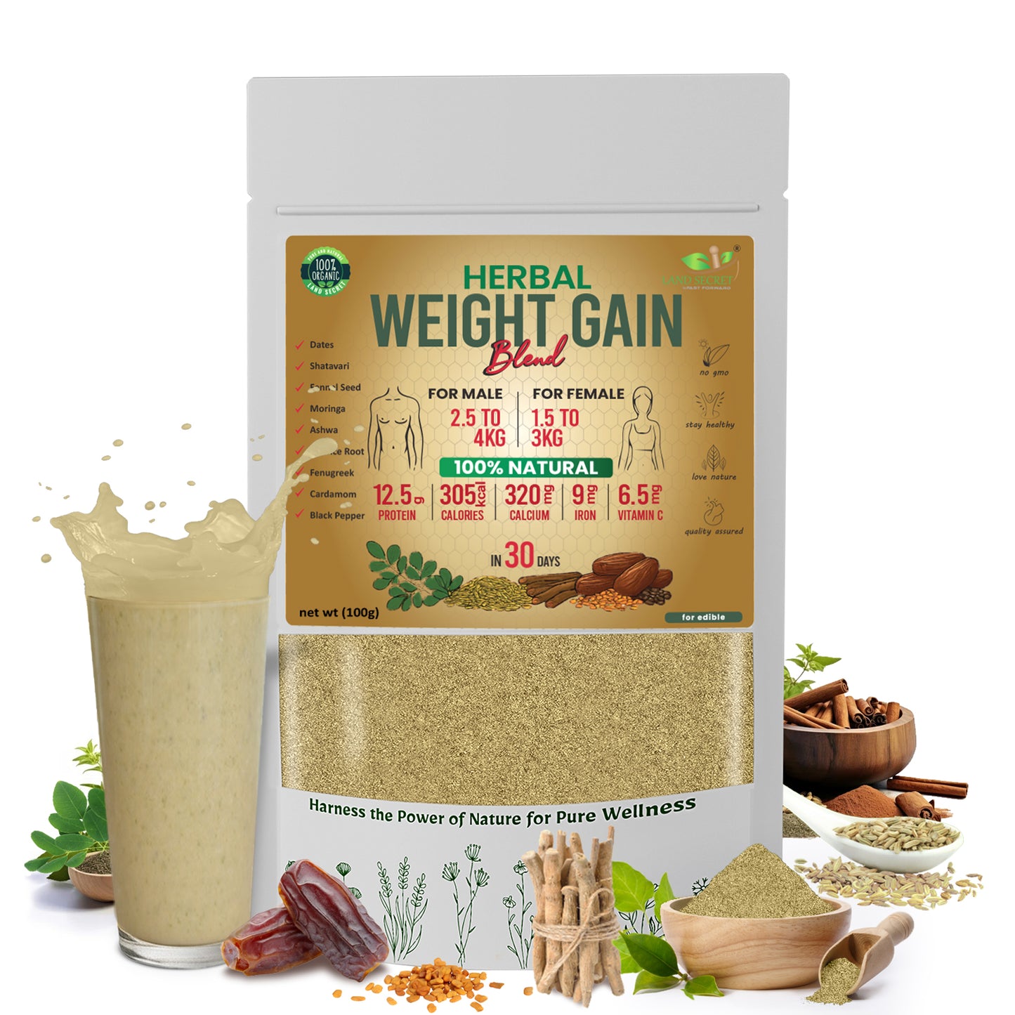 Herbal Weight Gain Powder 100g – Ayurvedic Supplement for Healthy Mass, Muscle Gain & Energy Boost | With Ashwagandha, Shatavari, Dates, Moringa & Fenugreek