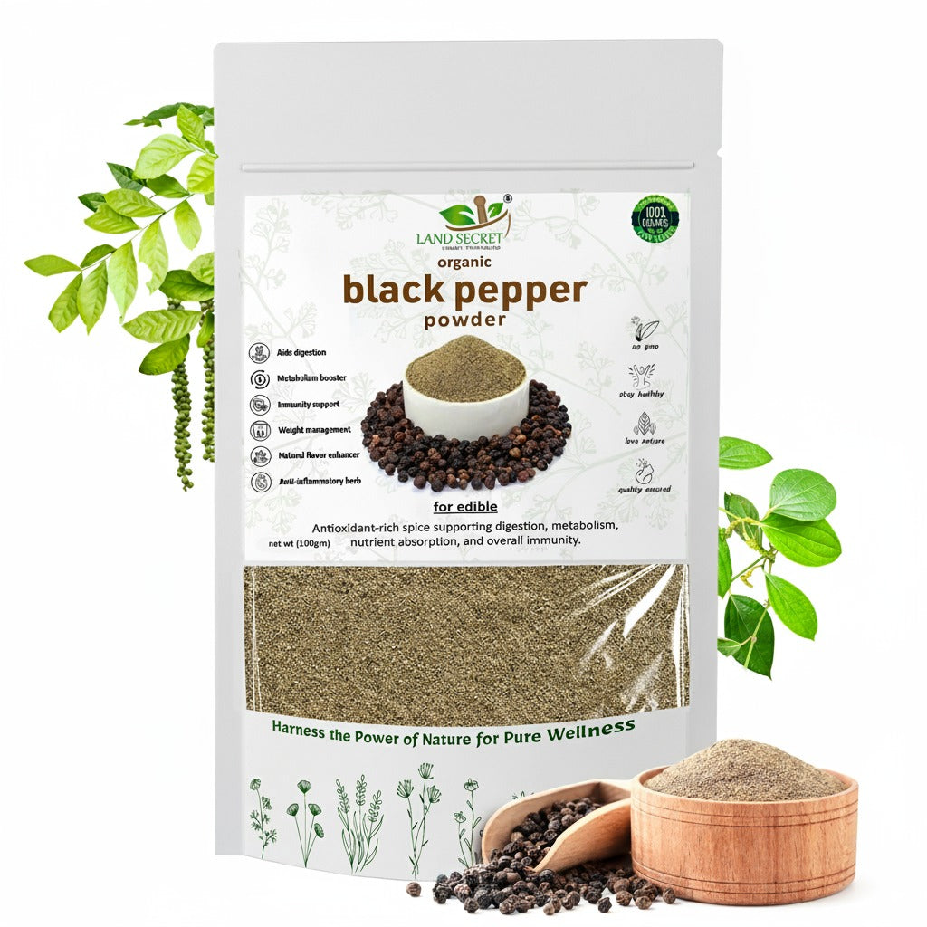 Land Secret Black Pepper Powder – Premium Quality Spice for Cooking, Seasoning, Digestion, Weight Loss & Immune Support