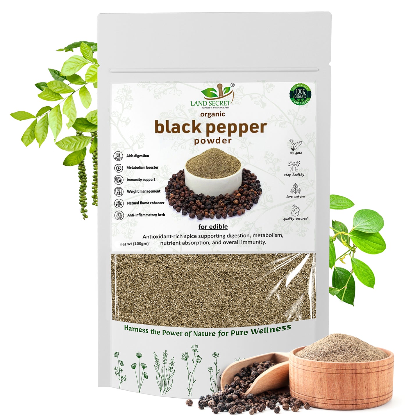 Land Secret Black Pepper Powder – Premium Quality Spice for Cooking, Seasoning, Digestion, Weight Loss & Immune Support