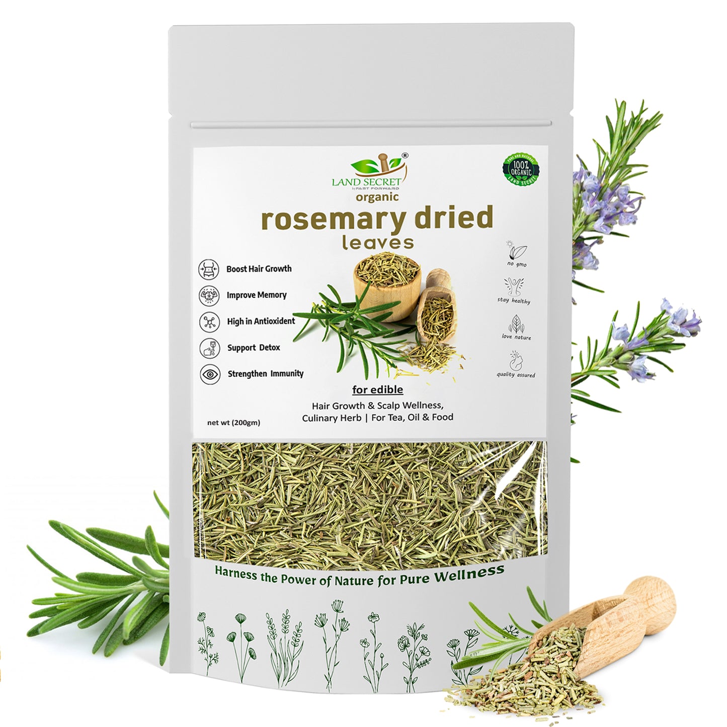 Rosemary Dried Leaves – 100% Natural Herbal Tea & Culinary Spice for Hair Growth, Digestion, Stress Relief, Relaxation & Flavorful Cooking