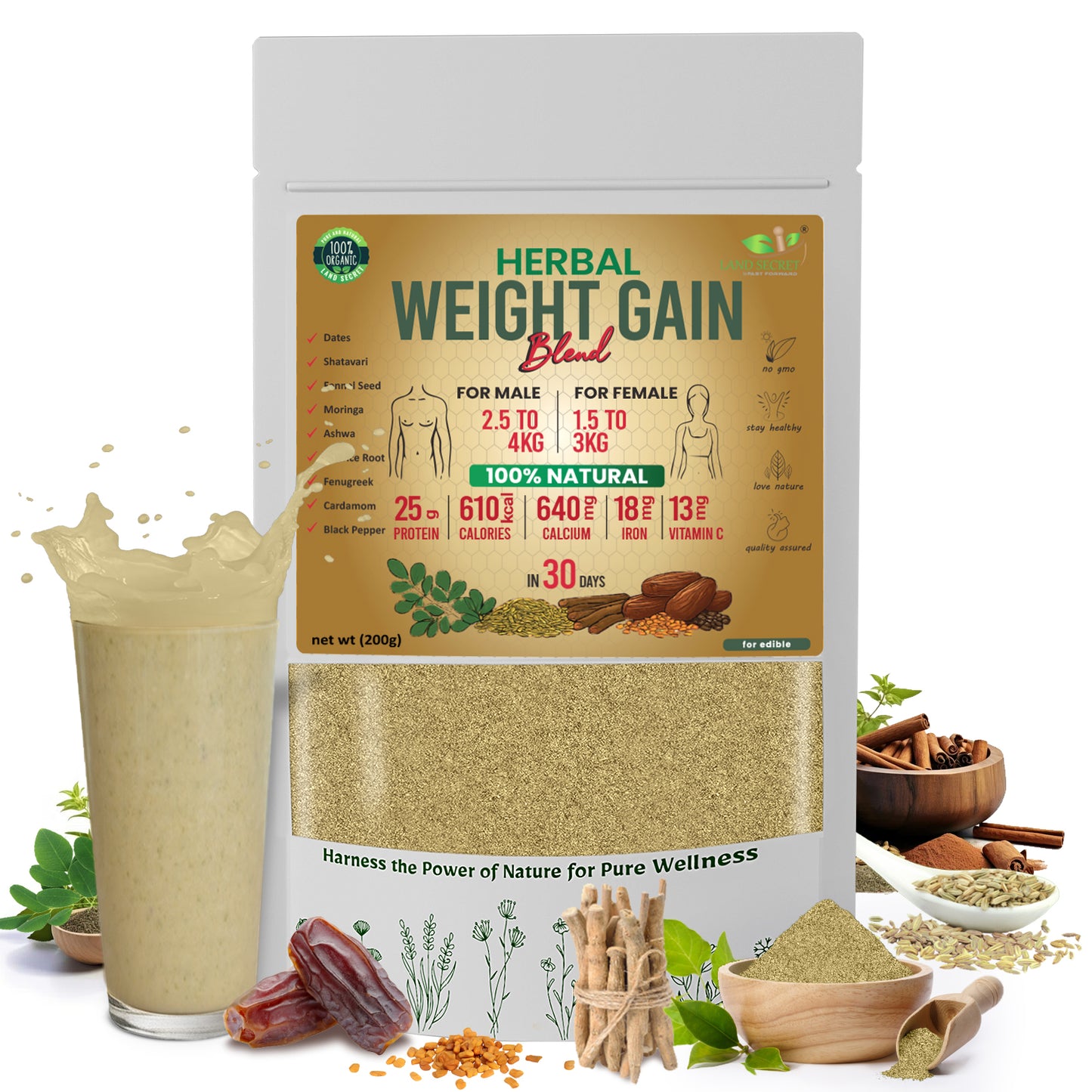 Herbal Weight Gain Powder 100g – Ayurvedic Supplement for Healthy Mass, Muscle Gain & Energy Boost | With Ashwagandha, Shatavari, Dates, Moringa & Fenugreek