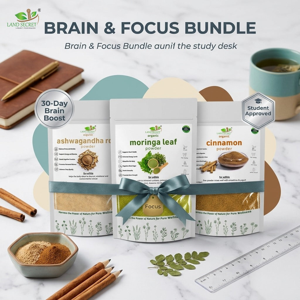 Land Secret Brain & Focus Bundle – Natural Memory, Focus & Mental Performance Support | Ashwagandha, Moringa & Cinnamon Powder