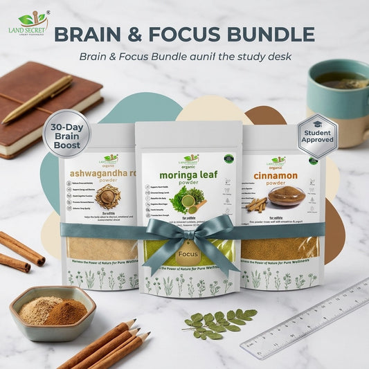 Land Secret Brain & Focus Bundle – Natural Memory, Focus & Mental Performance Support | Ashwagandha, Moringa & Cinnamon Powder
