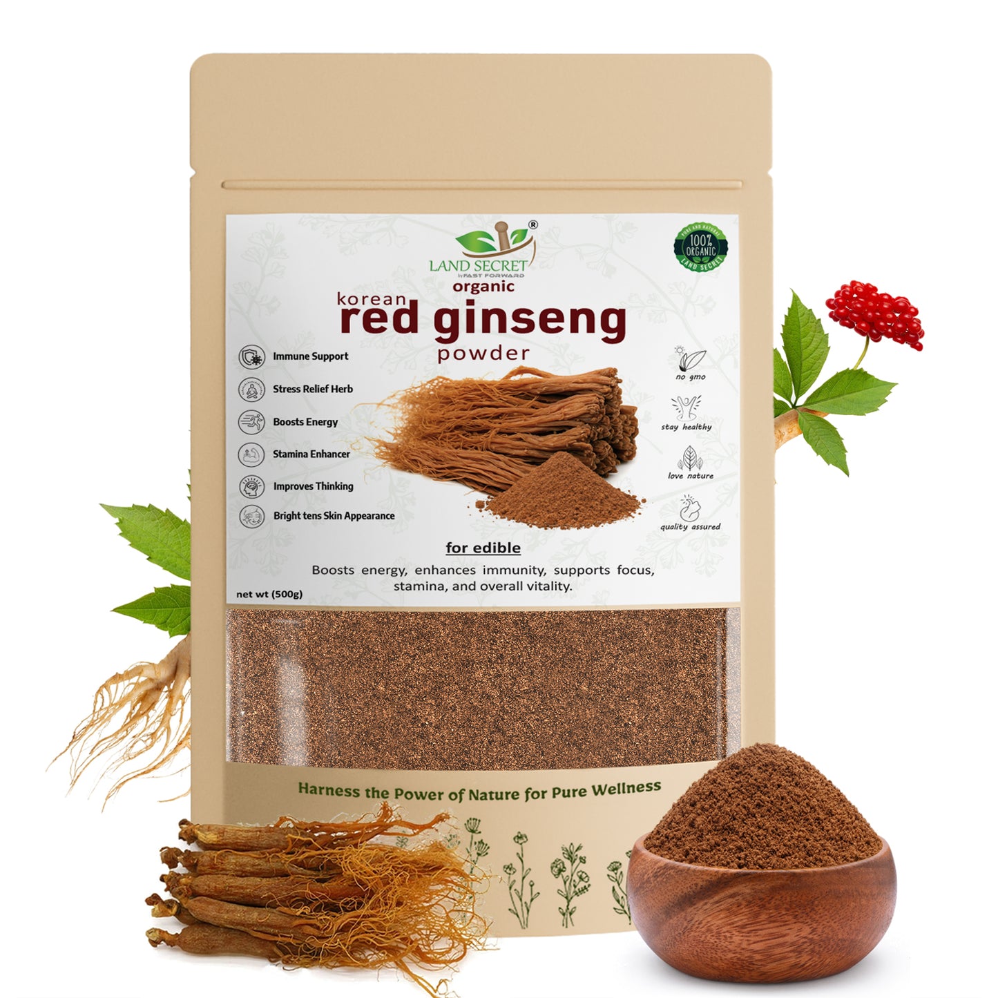 Premium Korean Red Ginseng Powder 100% Natural Ginsenosides – Herbal Supplement for Energy, Vitality, Stamina, Mood & Focus