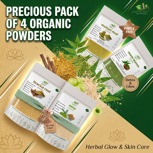 Precious Pack of 04 Organic Powders: Licorice, Neem Leaves, Amla & Multani Mitti