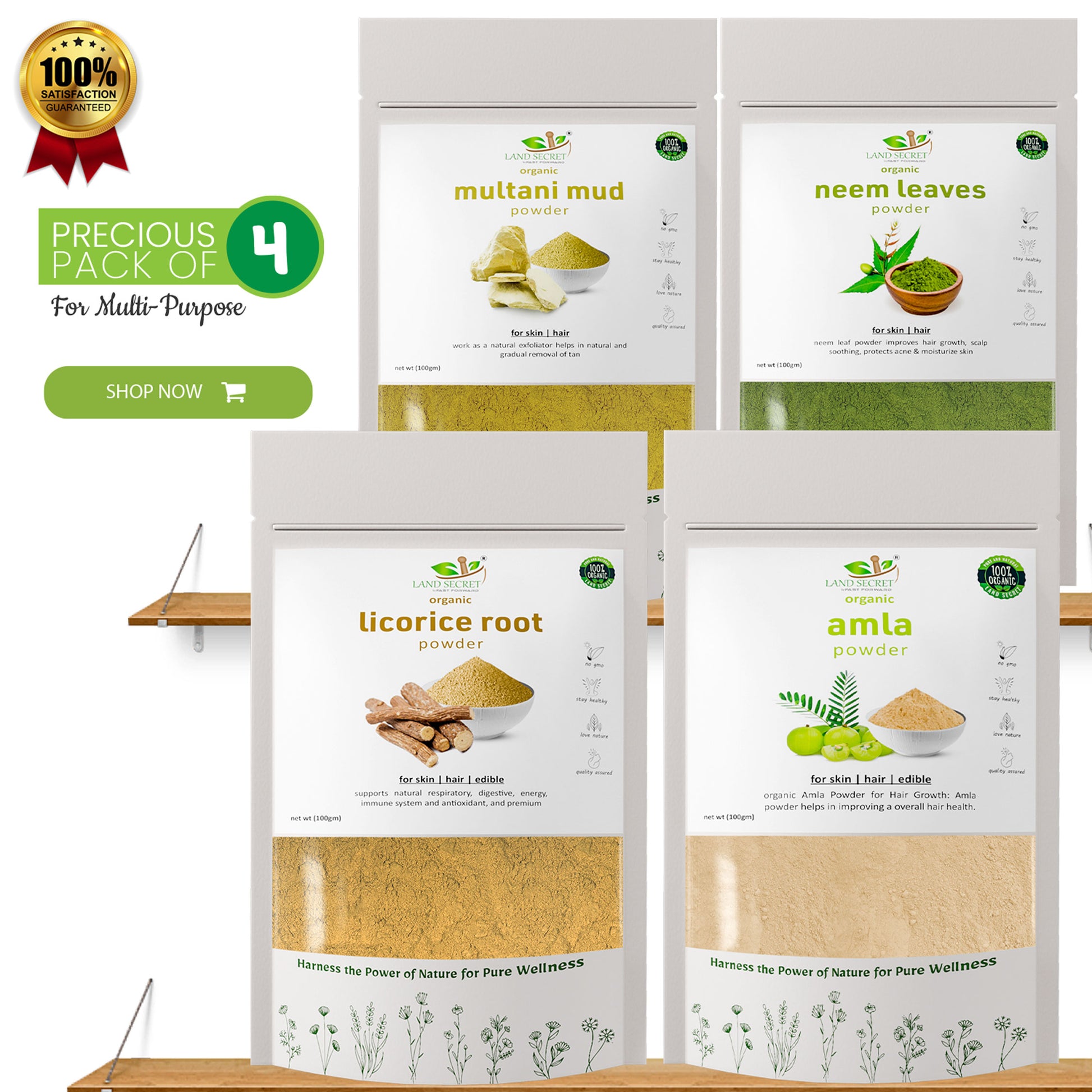 Land-Secret-precious-pack-of-4-licorice-powder-neem-leaves-powder-amla-powder-multani-mitti-powder