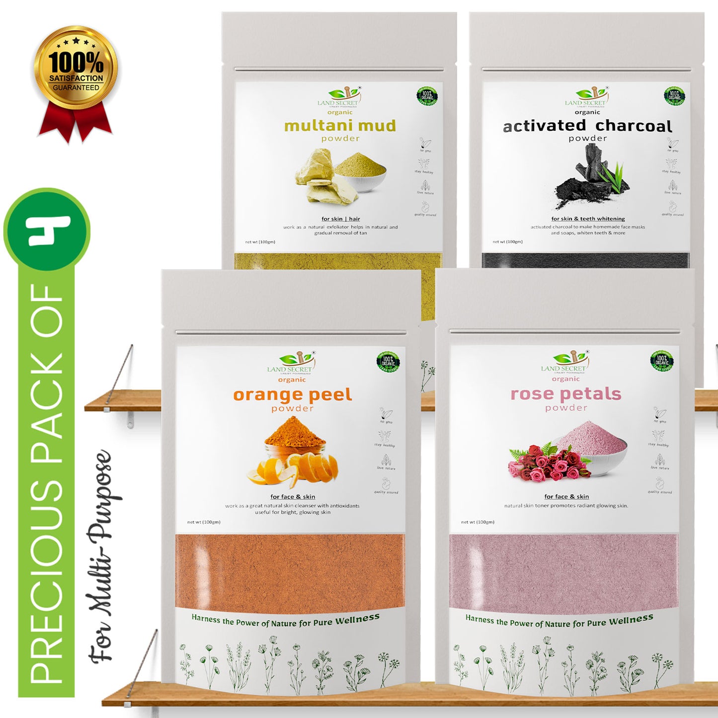 Land-Secret-precious-pack-4-natural-herbs-orange-peel-rose-petals-activated-charcoal-multani-mitti-powder