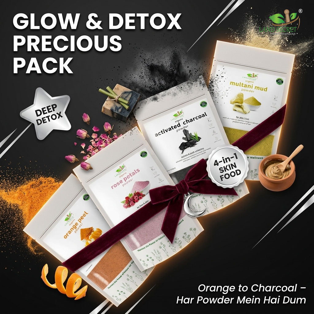 Precious Pack of 4 Organic Herbs: Orange Peel, Rose Petals, Charcoal & Multani Mitti