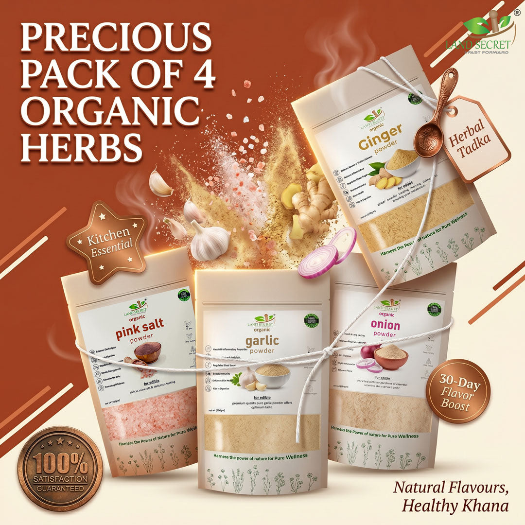 Precious Pack of 4 Organic Herbs: Pink Salt, Ginger, Garlic & Onion Powder