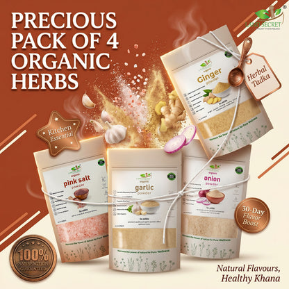 Precious Pack of 4 Organic Herbs: Pink Salt, Ginger, Garlic & Onion Powder