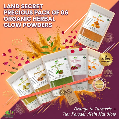Precious Pack of 6 Organic Herbs: Orange Peel, Rose Petals, Neem, Multani Mitti, Licorice Root & Wild Turmeric Powder