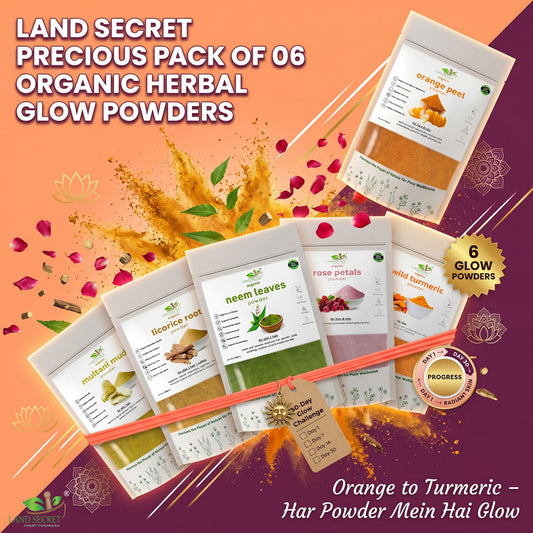 Precious Pack of 6 Organic Herbs: Orange Peel, Rose Petals, Neem, Multani Mitti, Licorice Root & Wild Turmeric Powder