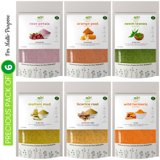 Land-Secret-precious-pack-of-06-orange-peel-rose-petals-neem-leaves-multani-mitti-licorice-root-wild-turmeric-powder