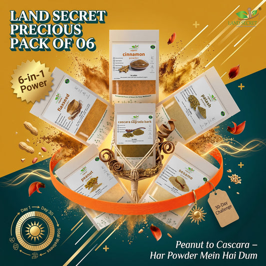 Land Secret Precious Pack of 06 Organic Powders: Peanut, Palash, Flax Seed, Sesame, Cinnamon & Cascara Sagrada Bark
