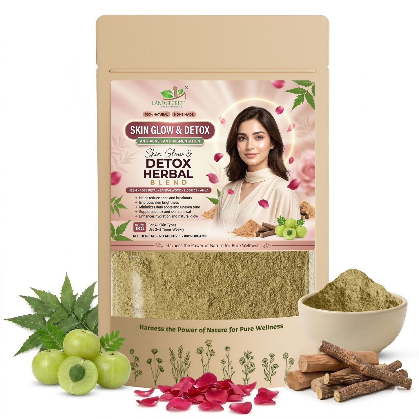 Land Secret Skin Glow & Detox Herbal Blend – 100% Natural Face Mask Powder