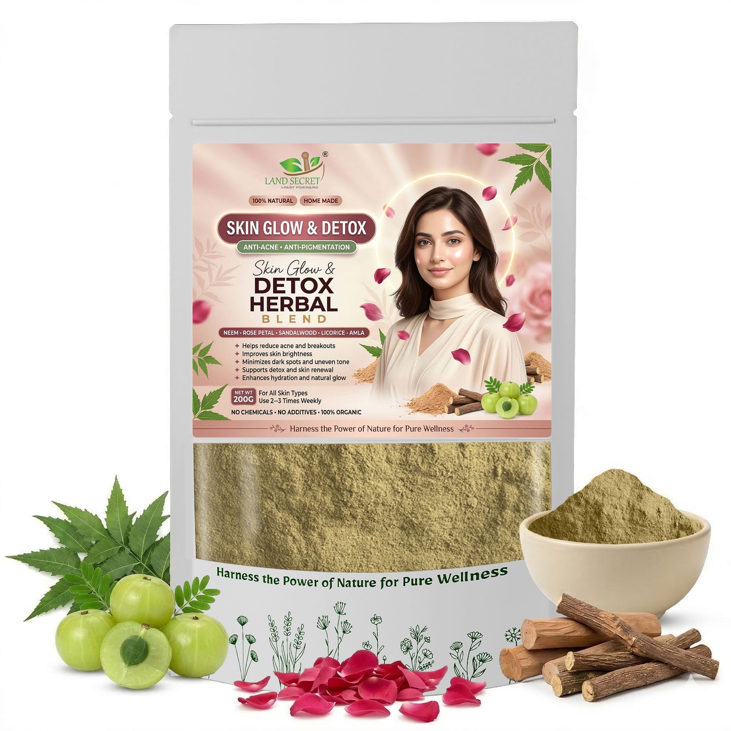 Land Secret Skin Glow & Detox Herbal Blend – 100% Natural Face Mask Powder