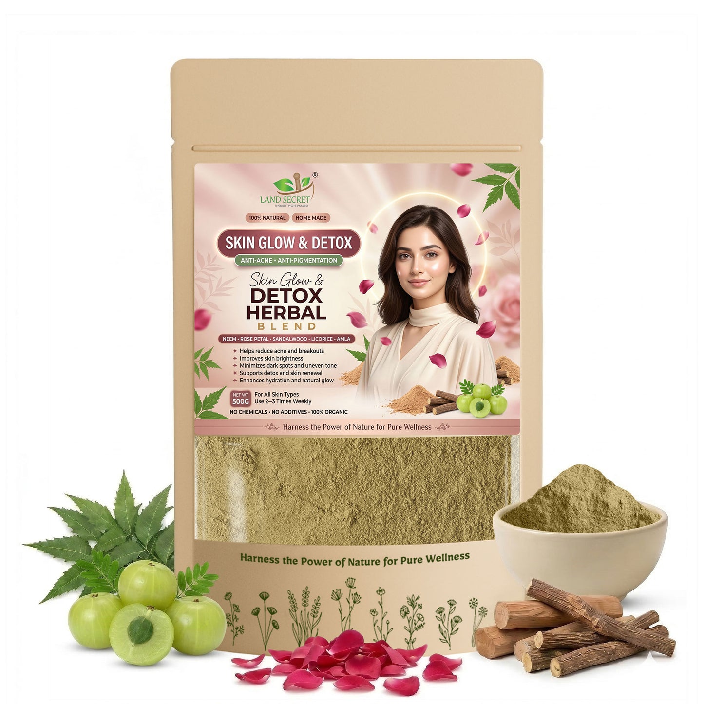 Land Secret Skin Glow & Detox Herbal Blend – 100% Natural Face Mask Powder