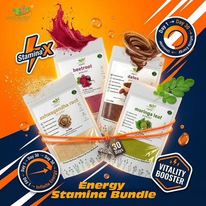 Land Secret Energy & Stamina Bundle – Daily Energy, Vitality & Performance Support | Ashwagandha, Beetroot, Dates & Moringa Powder