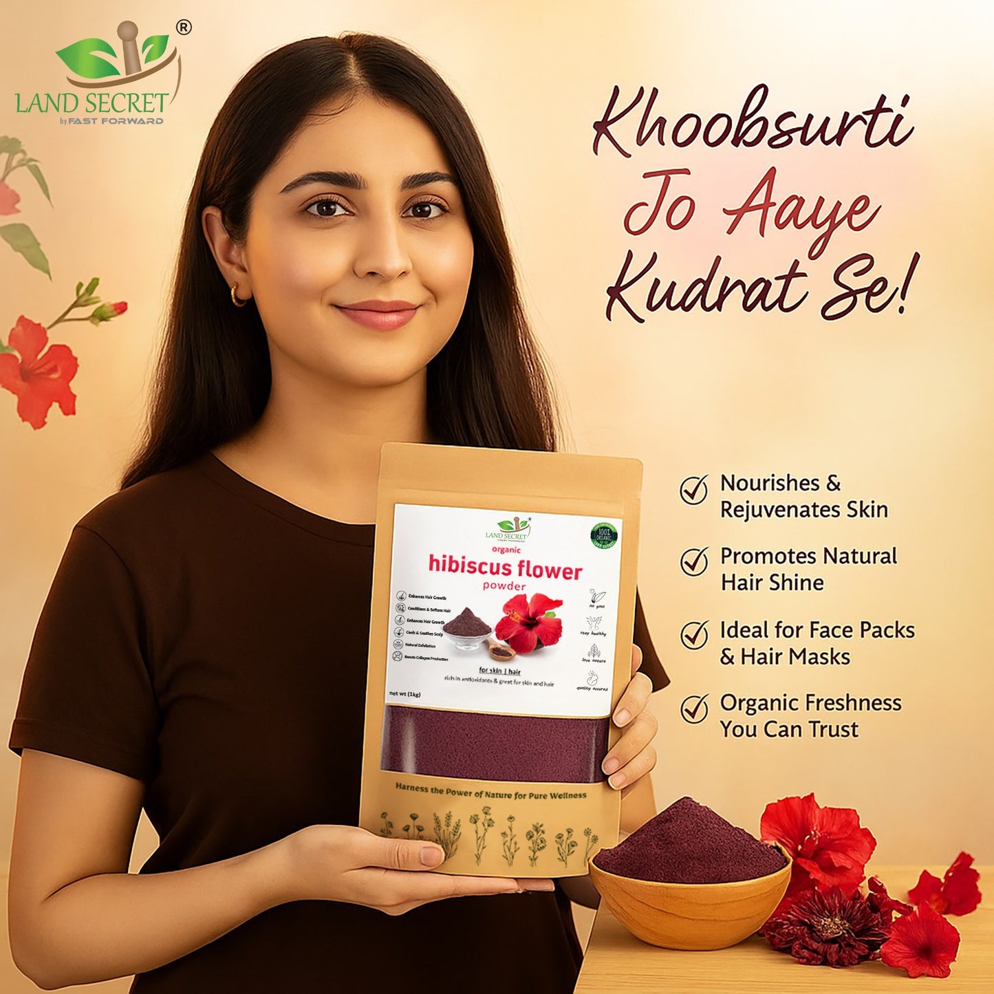 Hibiscus Powder – 100% Natural Herbal Flower Powder for Hair Care, Skin Glow & DIY Beauty Masks | Pure, Chemical-Free & Premium Quality
