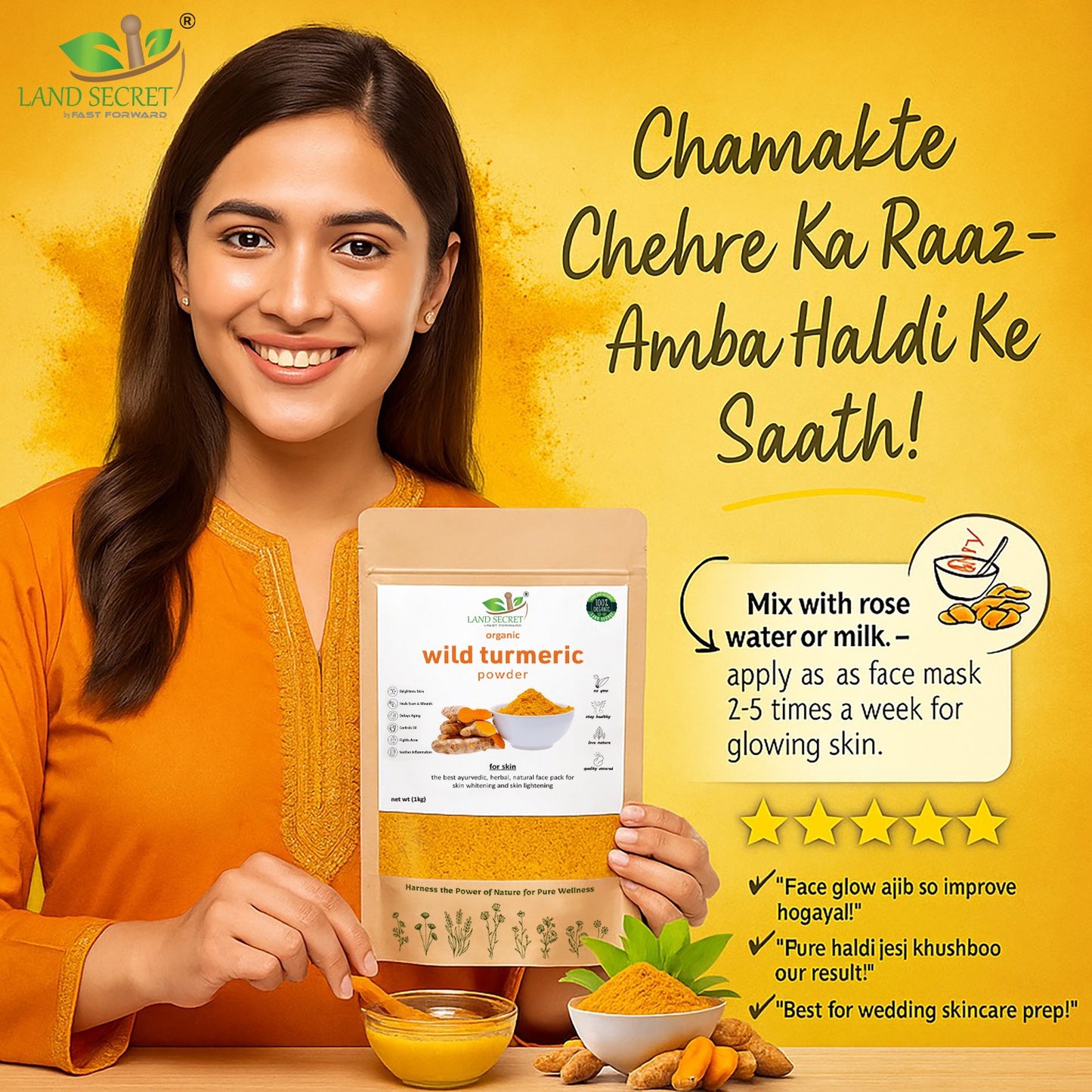 Wild Turmeric powder for face  Kasthuri manjal  Curcuma Aromatica  Amba haldi  Promotes glowing skin