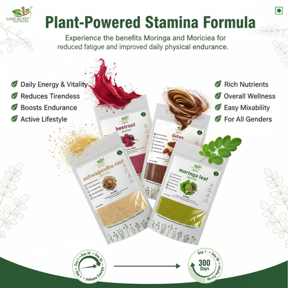 Land Secret Energy & Stamina Bundle – Daily Energy, Vitality & Performance Support | Ashwagandha, Beetroot, Dates & Moringa Powder