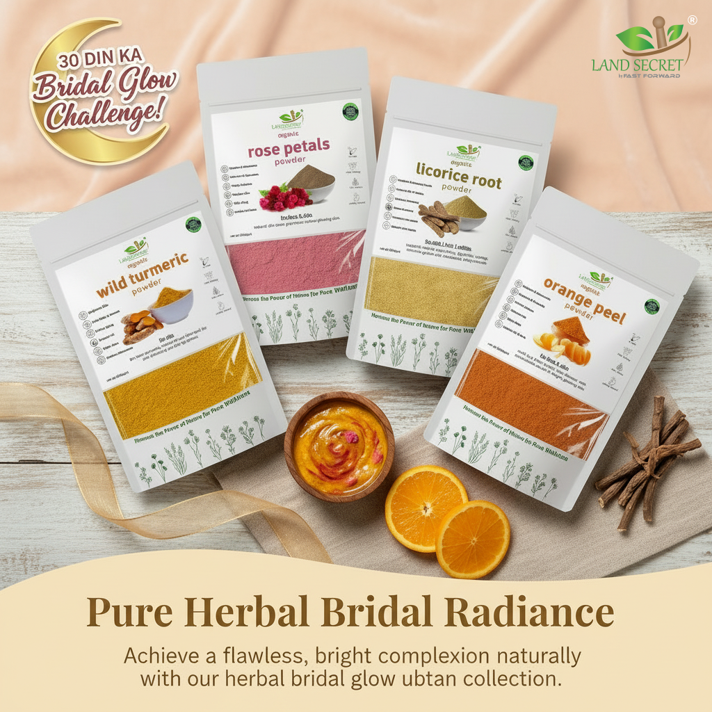 Land Secret Bridal Glow Bundle – Natural Ubtan for Bridal Glow, Skin Brightening & Tan Removal | Wild Turmeric, Rose, Mulethi & Orange Peel Powder
