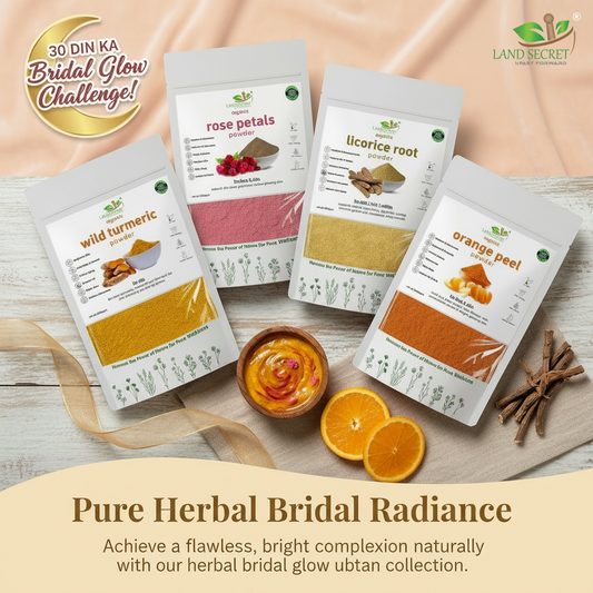 Land Secret Bridal Glow Bundle – Natural Ubtan for Bridal Glow, Skin Brightening & Tan Removal | Wild Turmeric, Rose, Mulethi & Orange Peel Powder