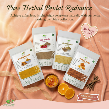 Land Secret Bridal Glow Bundle – Natural Ubtan for Bridal Glow, Skin Brightening & Tan Removal | Wild Turmeric, Rose, Mulethi & Orange Peel Powder