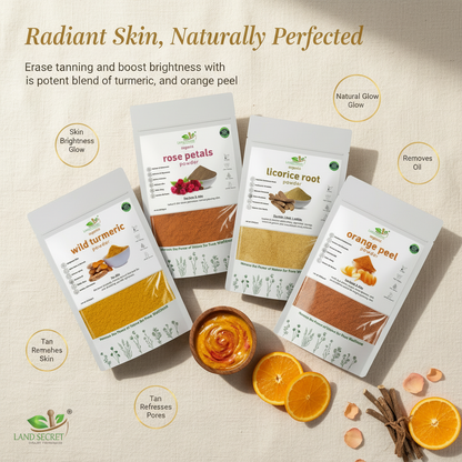 Land Secret Bridal Glow Bundle – Natural Ubtan for Bridal Glow, Skin Brightening & Tan Removal | Wild Turmeric, Rose, Mulethi & Orange Peel Powder
