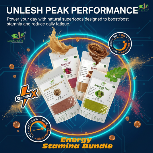 Land Secret Energy & Stamina Bundle – Daily Energy, Vitality & Performance Support | Ashwagandha, Beetroot, Dates & Moringa Powder