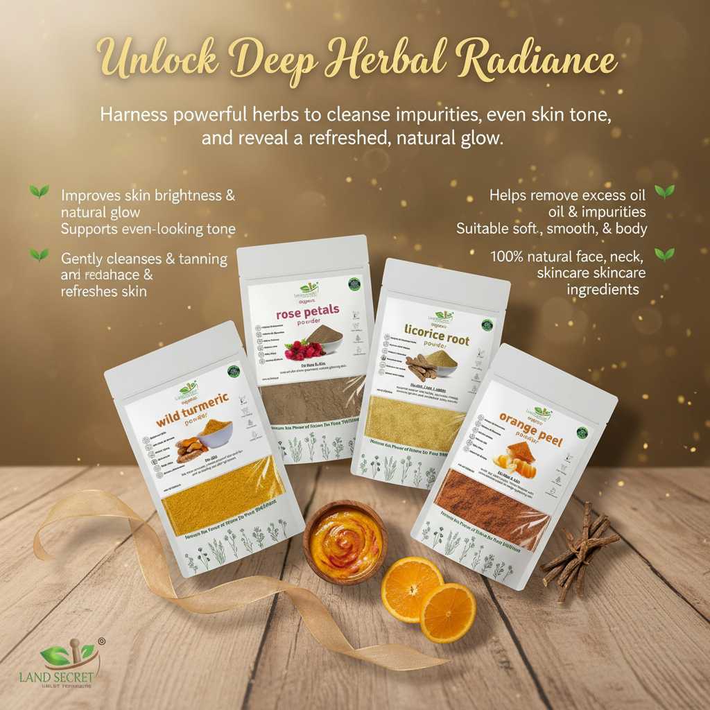 Land Secret Bridal Glow Bundle – Natural Ubtan for Bridal Glow, Skin Brightening & Tan Removal | Wild Turmeric, Rose, Mulethi & Orange Peel Powder